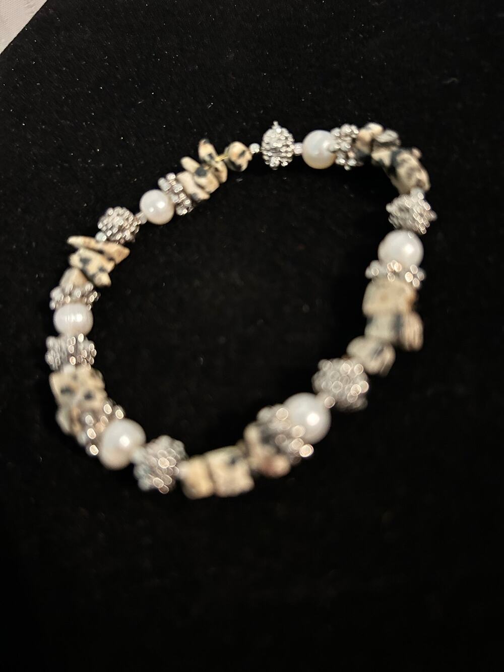 Pearl Dalmatian Bracelet Jasper Stretch Boho Silver Tone Beaded